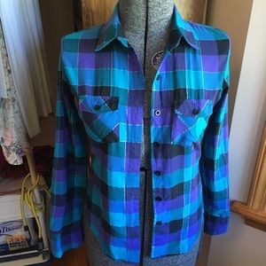 Blue, green, purple, & black plaid button up shirt